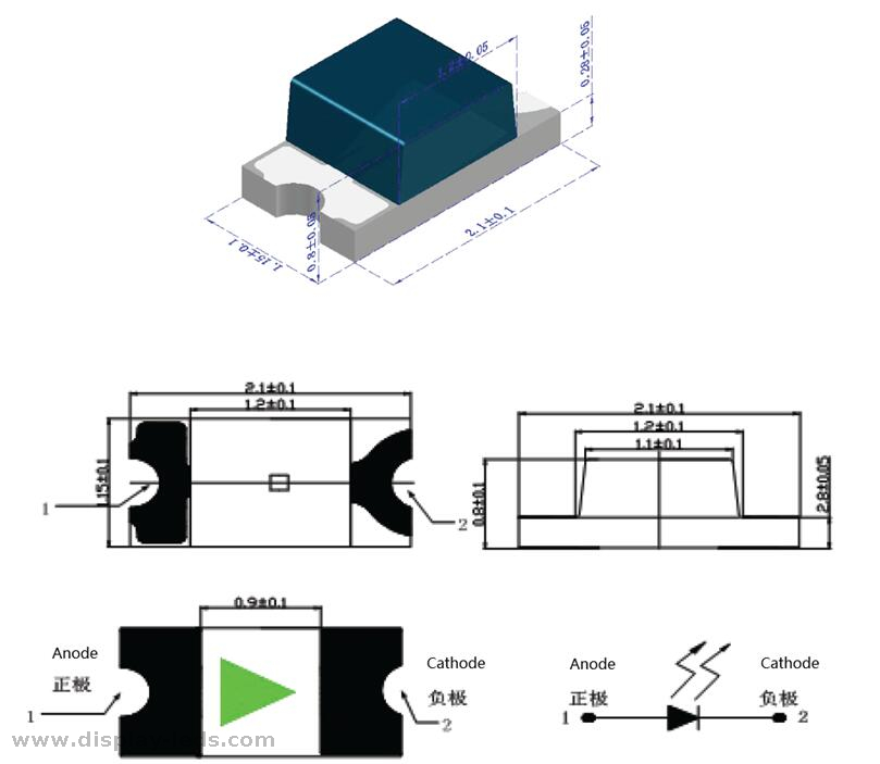 0805 Blue 2012 SMD Chip LED ROHS -Konform mit 2.0 (l) x1.2 (w) mm