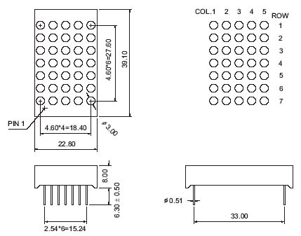1,2 Zoll 5x7 LED Dot Matrix mit Auf- und Ab-Lücken