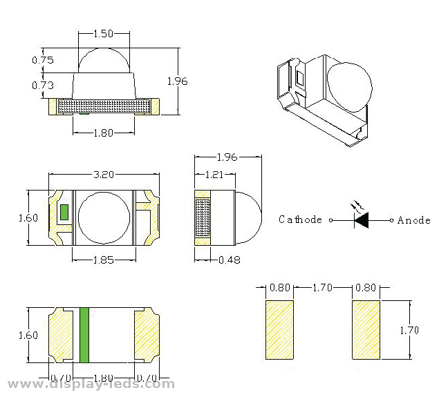 3216 Yellow 1206 Dome SMD Chip LED ROHS -Konform mit 3,2 (l) x1.6 (w) mm